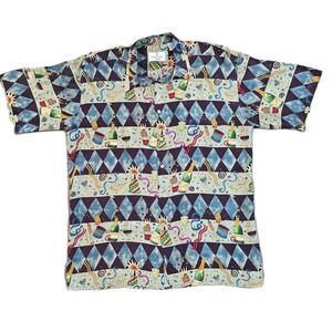 Vintage Burma Bibas Millennium 2000 Silk Camp Shirt Mens L Y2K All Over Print